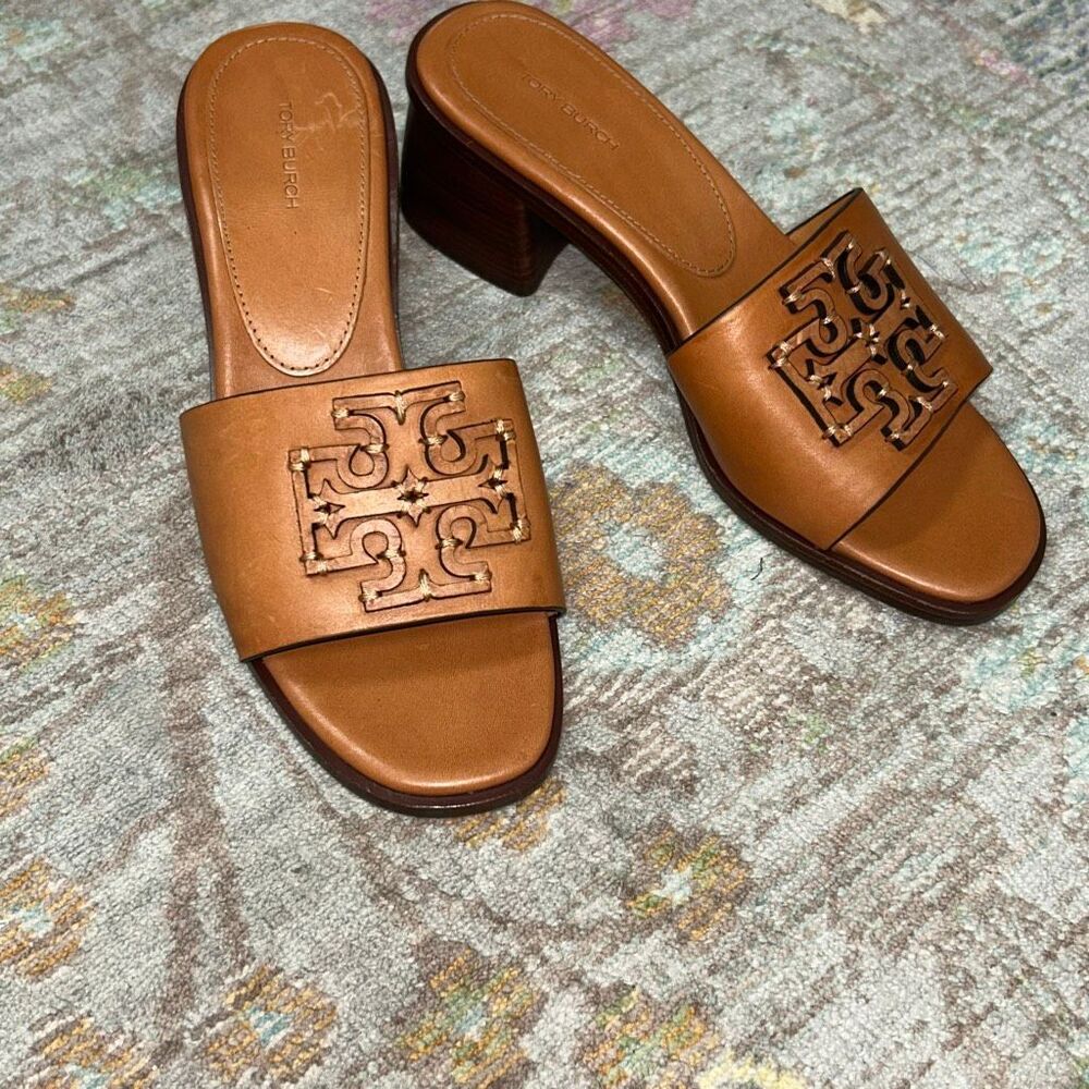 Tory Burch Ines Block-Heel Mules in Elba Camel sz 9.5